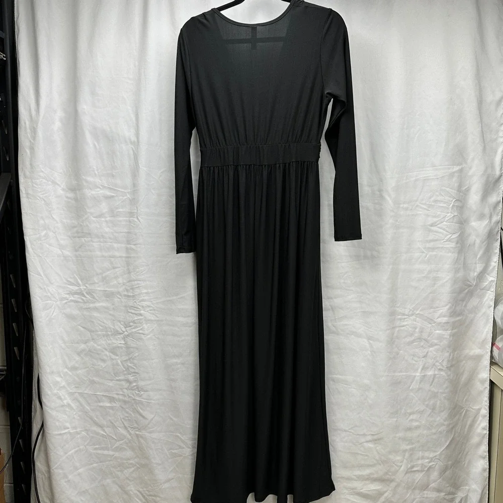 24seven‎ Comfort Apparel Maxi V Neck Long Sleeve Leg Slit Black Dress Pockets